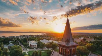 A view of campus at sunset