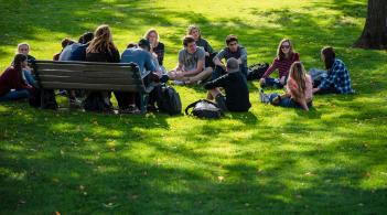 Students meeting on green