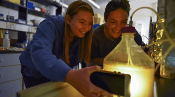 Two students studying cow stomachs in the lab