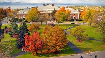 Aerial Fall view of Waterman and the Green looking west toward Lake Champlain