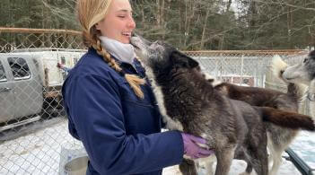 Student getting licked by a dog sled dog