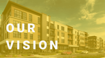 Model picture of new apartment style dorm building coming to campus. With the text "Our Vision" over it.