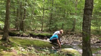 Two people bend down beside a forested stream to look at the water