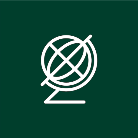 A white vector image of a globe over a dark green background.