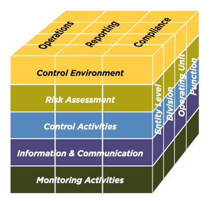 Cube design explaining layers of the COSO definitions and components