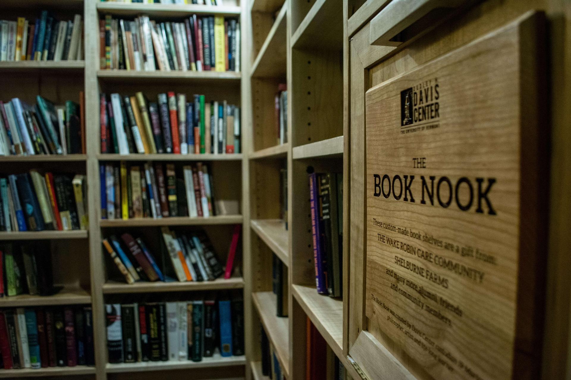 The book nook inside the Davis Center, a popular reading and hangout spot, and a little free library.