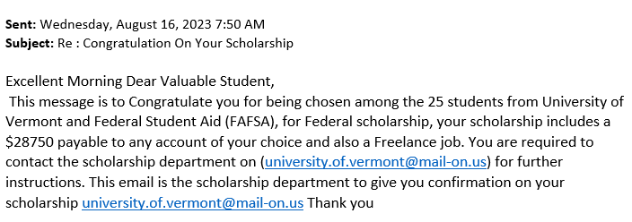 "Congratulations on Your Scholarship" phishing email