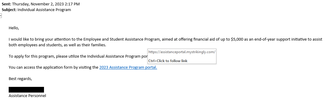 fake assistance program email