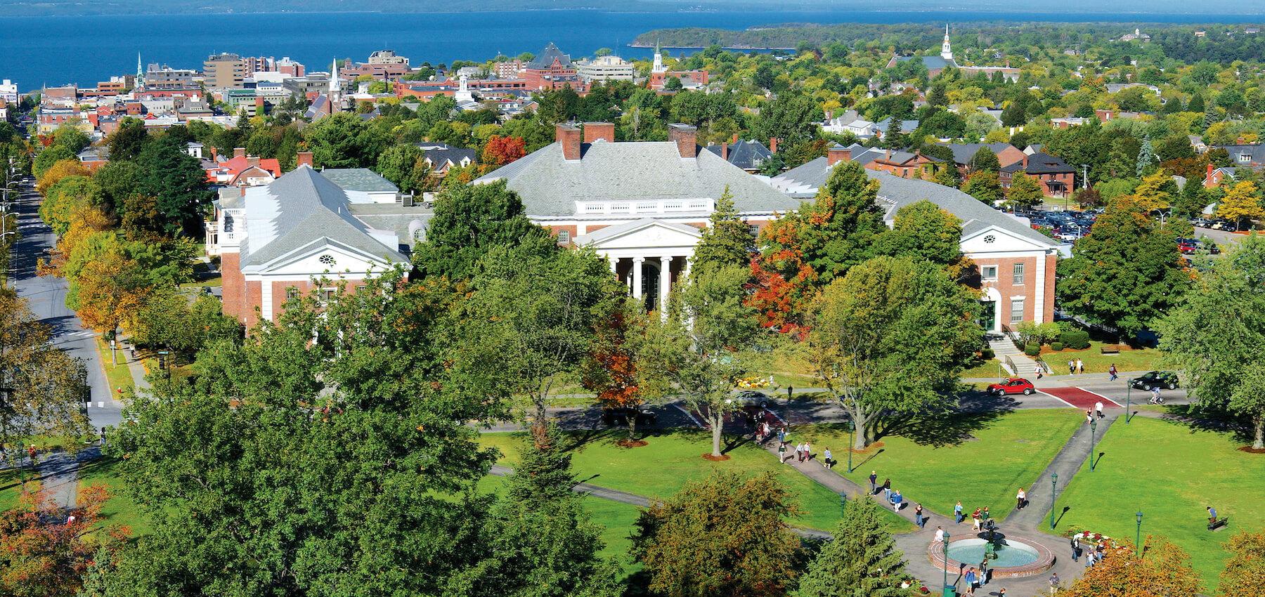 Aerial view of Waterman building and the city of Burlington. 