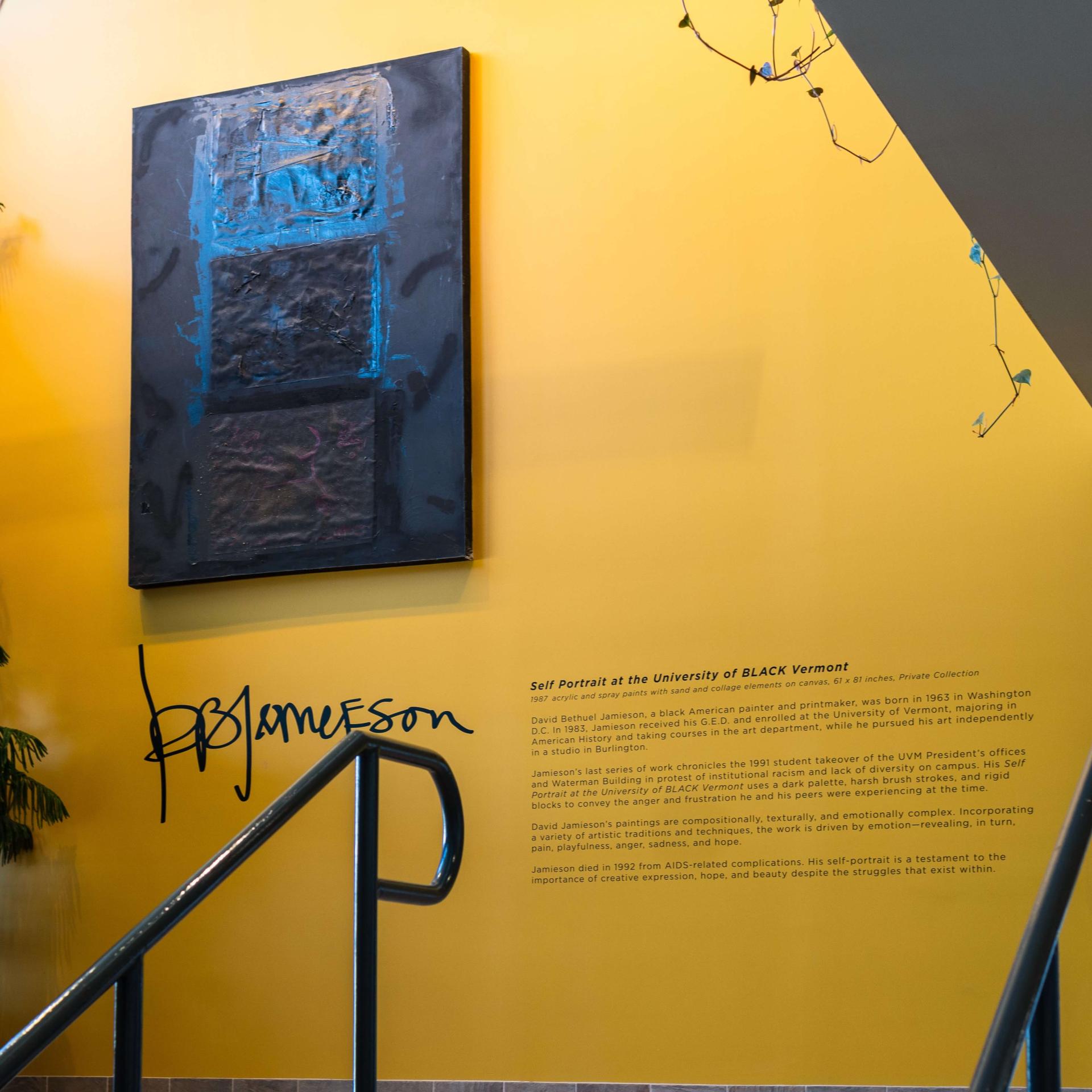 Art installation of David B. Jamieson's Self Portrait of the University of BLACK Vermont on a stair landing in the Davis Center