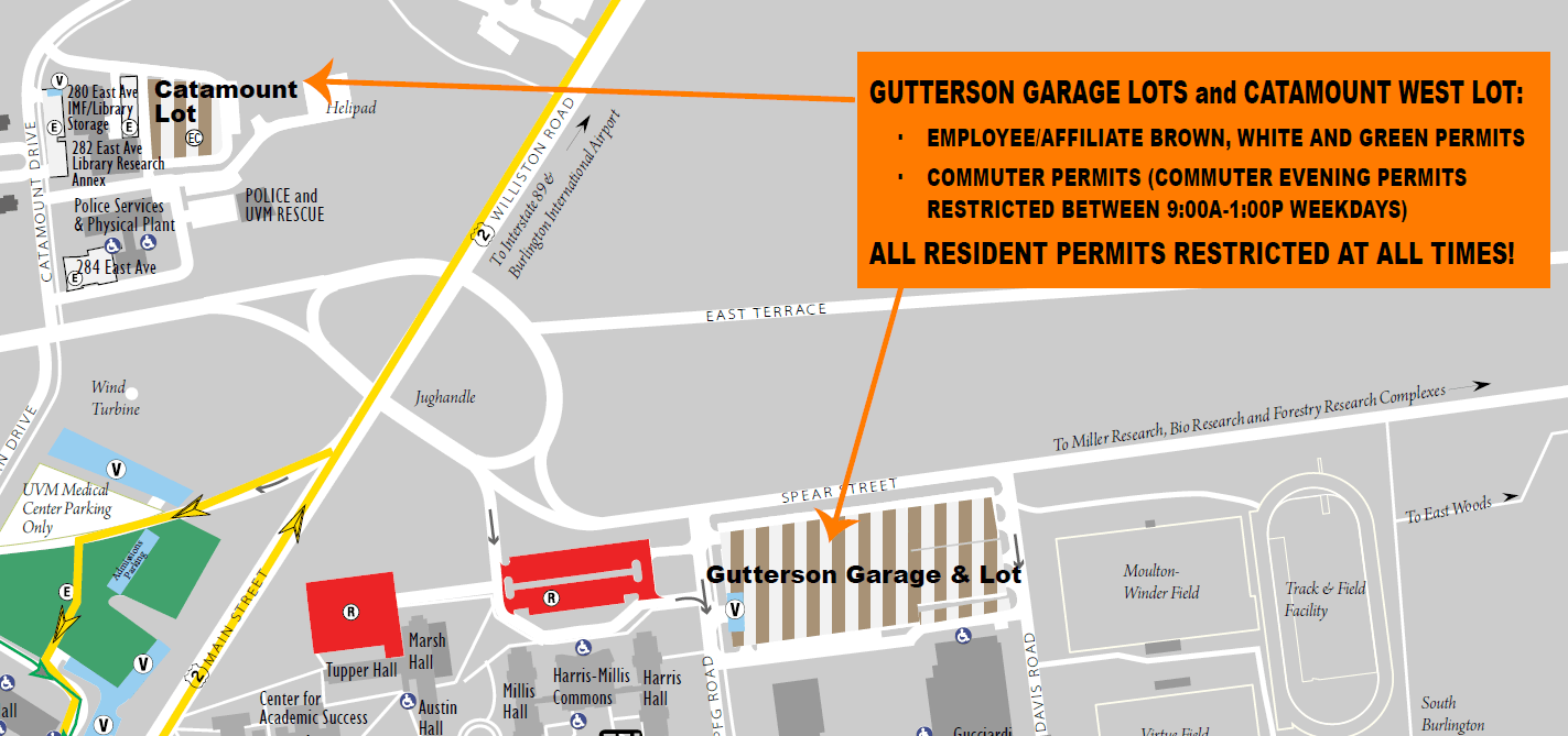 commuter brown parking map for students at UVM