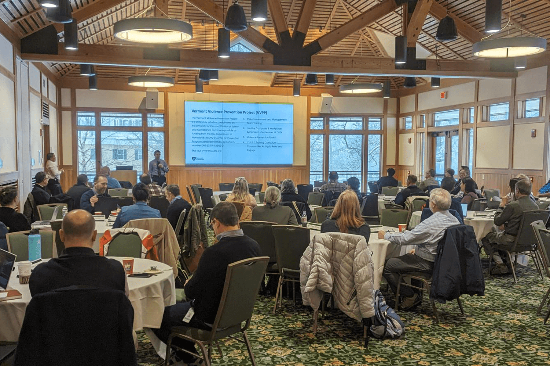 Interior of the UVM Alumni House’s Silver Pavilion during a Community Threat Assessment Training Session in March 2024