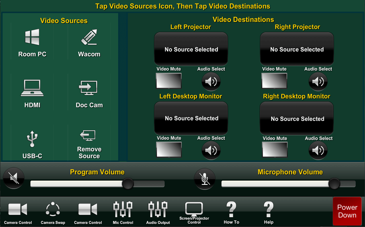 Crestron "Sources" and "Destinations" screen
