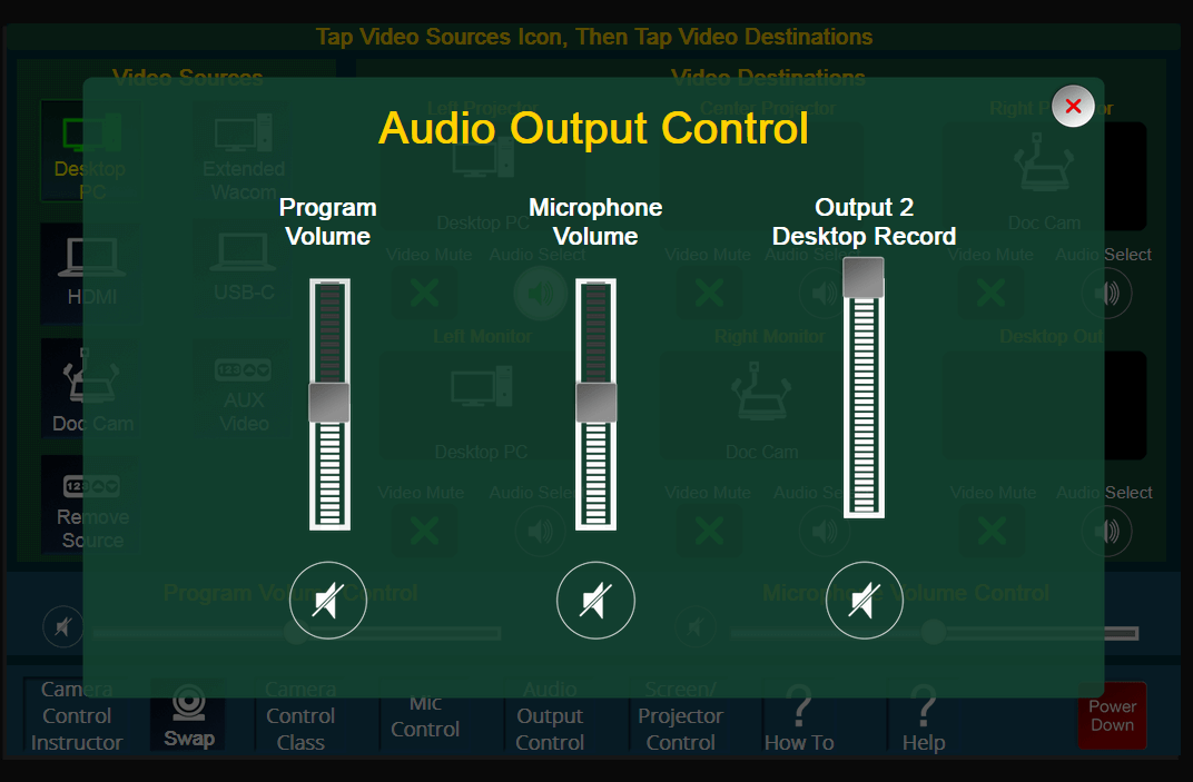 Extron panel showing audio output selections