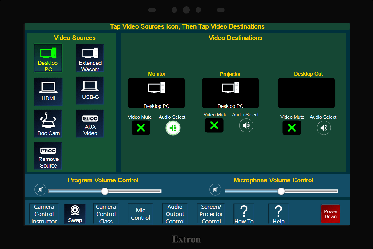 Extron panel showing selections