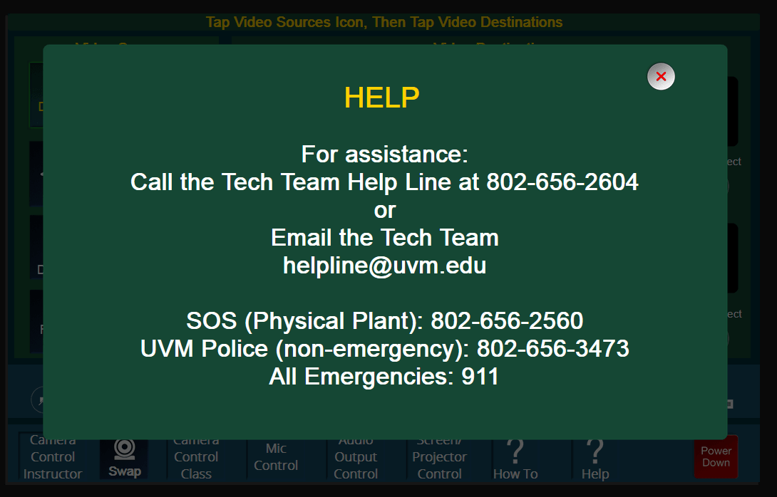 Extron panel showing help info