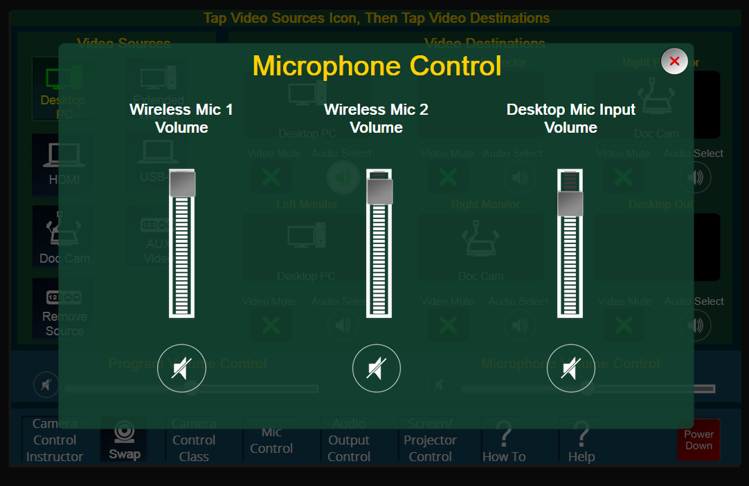 Extron panel showing microphone control selections