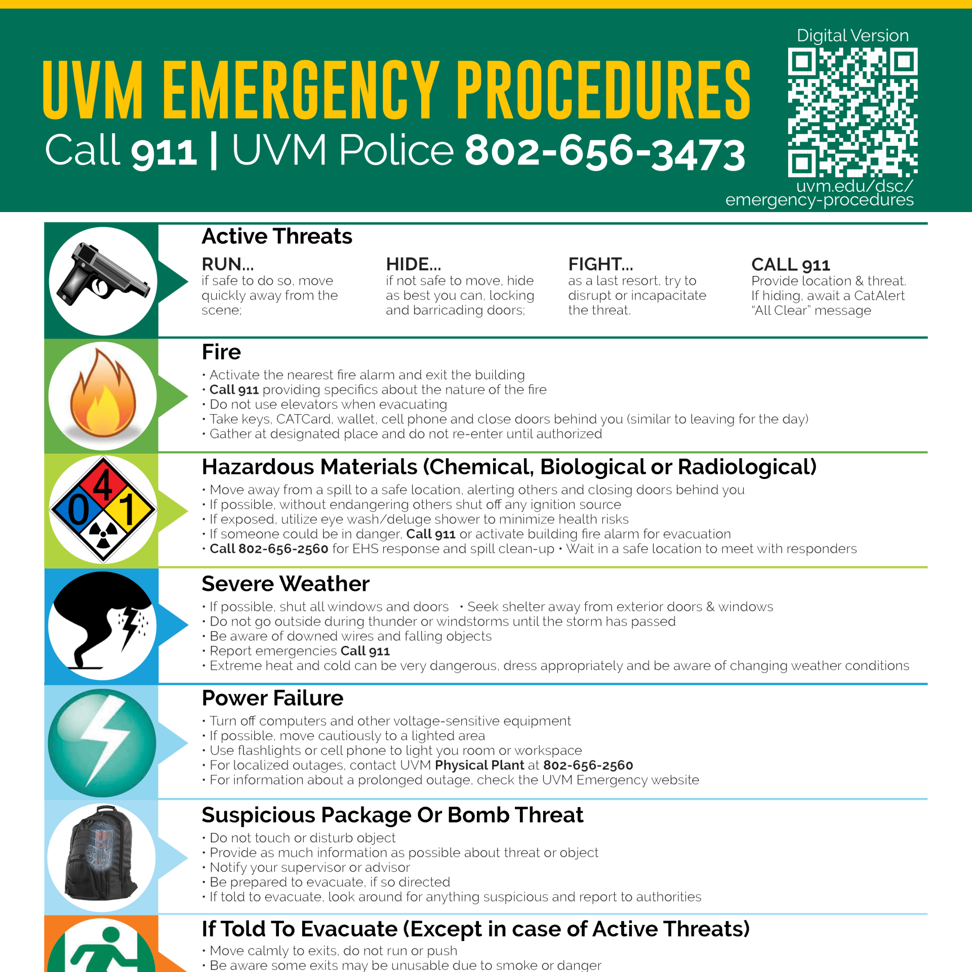 Half of campus emergency poster with QR code