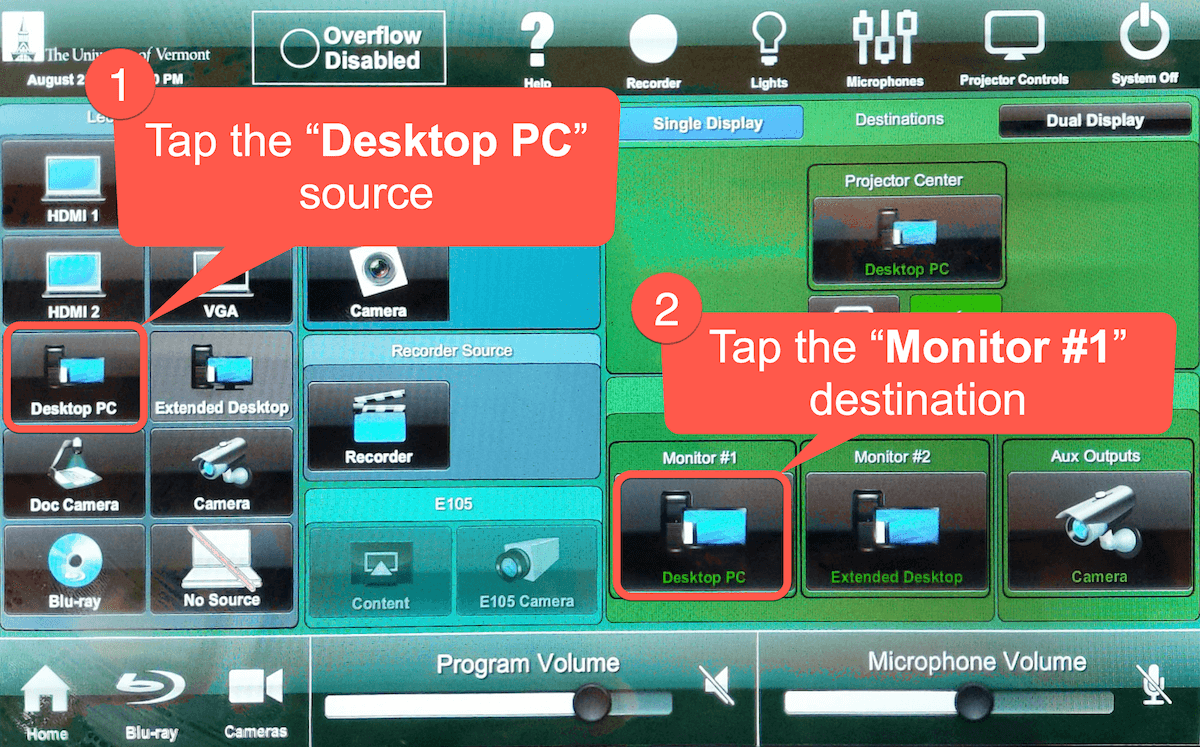 Screenshot of touch panel display indicating "Desktop PC" source and destination buttons