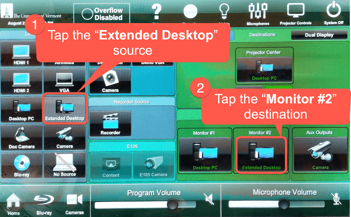 Screenshot of touch panel display indicating "Extended Desktop" source and destination buttons