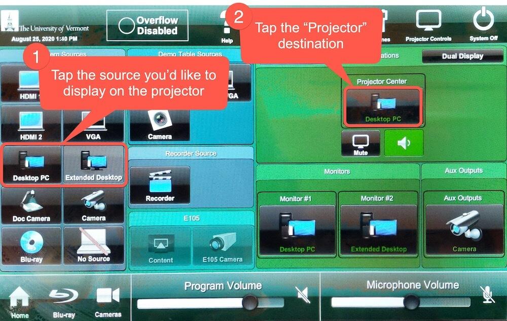 Screenshot of touch panel display outlining the projector source and destination buttons