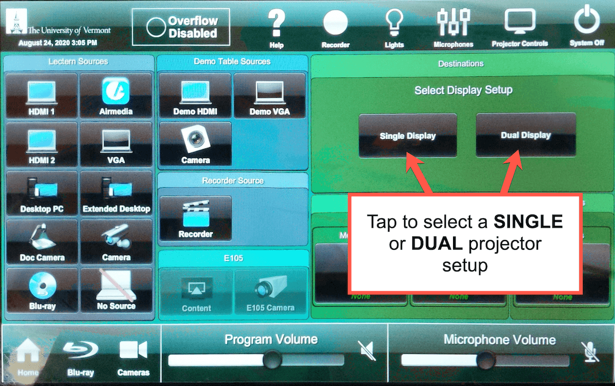 Screenshot of touch panel display outlining the single vs. dual display projector setup buttons
