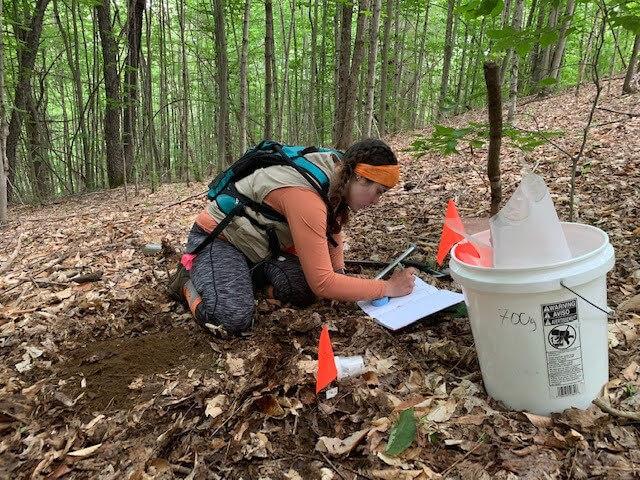 Student writing a report while conducting a experiment outdoor