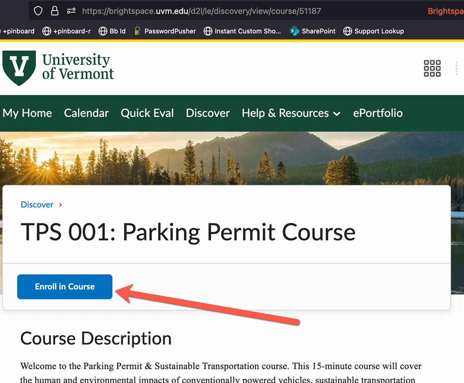 An arrow pointing to the Enroll button for the required parking course