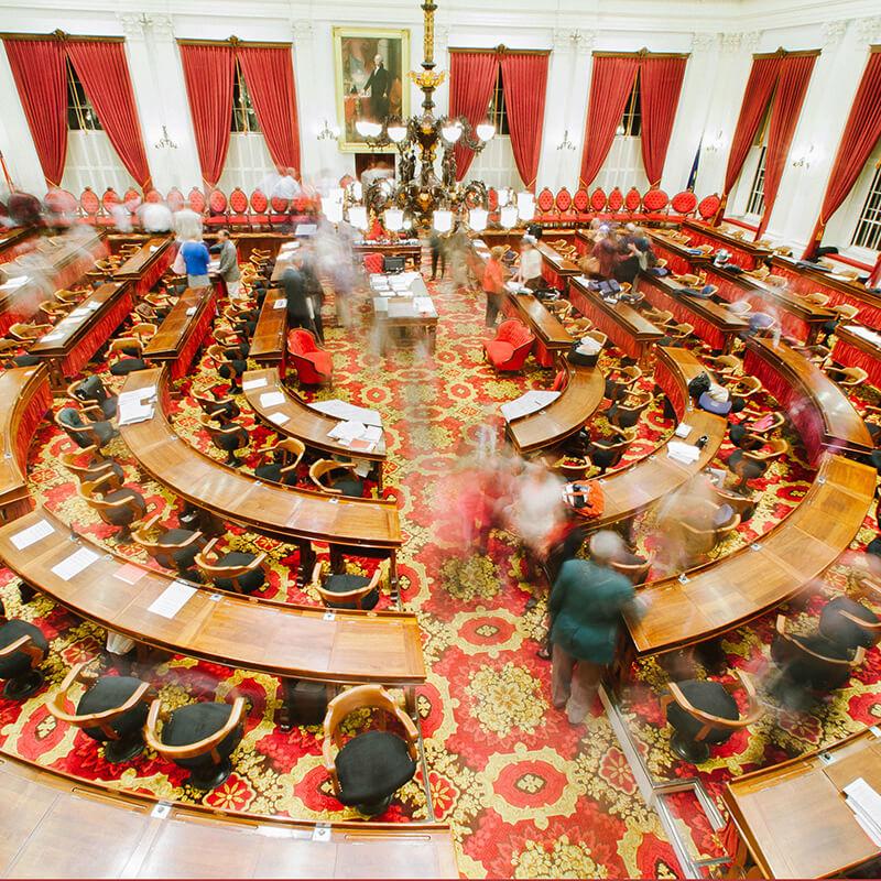 The Vermont State Legislature working in the State House. 