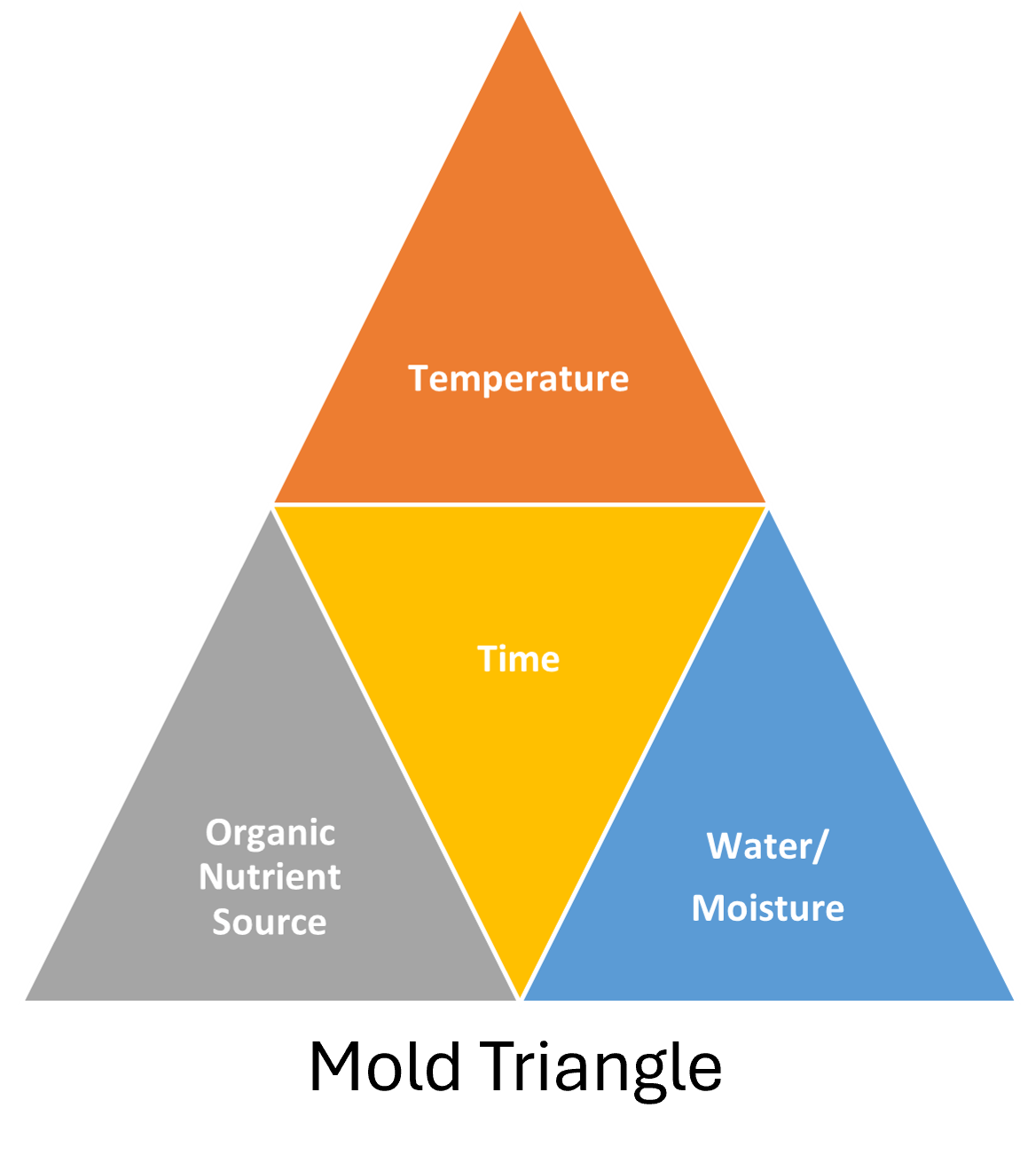 Mold Triangle with Temperature at the top and Organic nutrient source, time, and water/moisture across the bottom