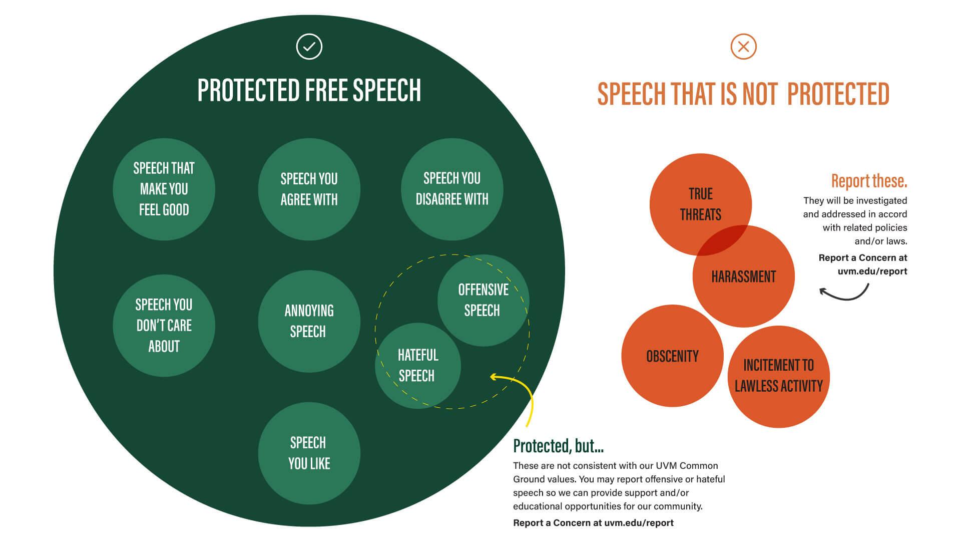 an infographic visualizing circles as types of speech and pointing out which are protected speech and which are not protected
