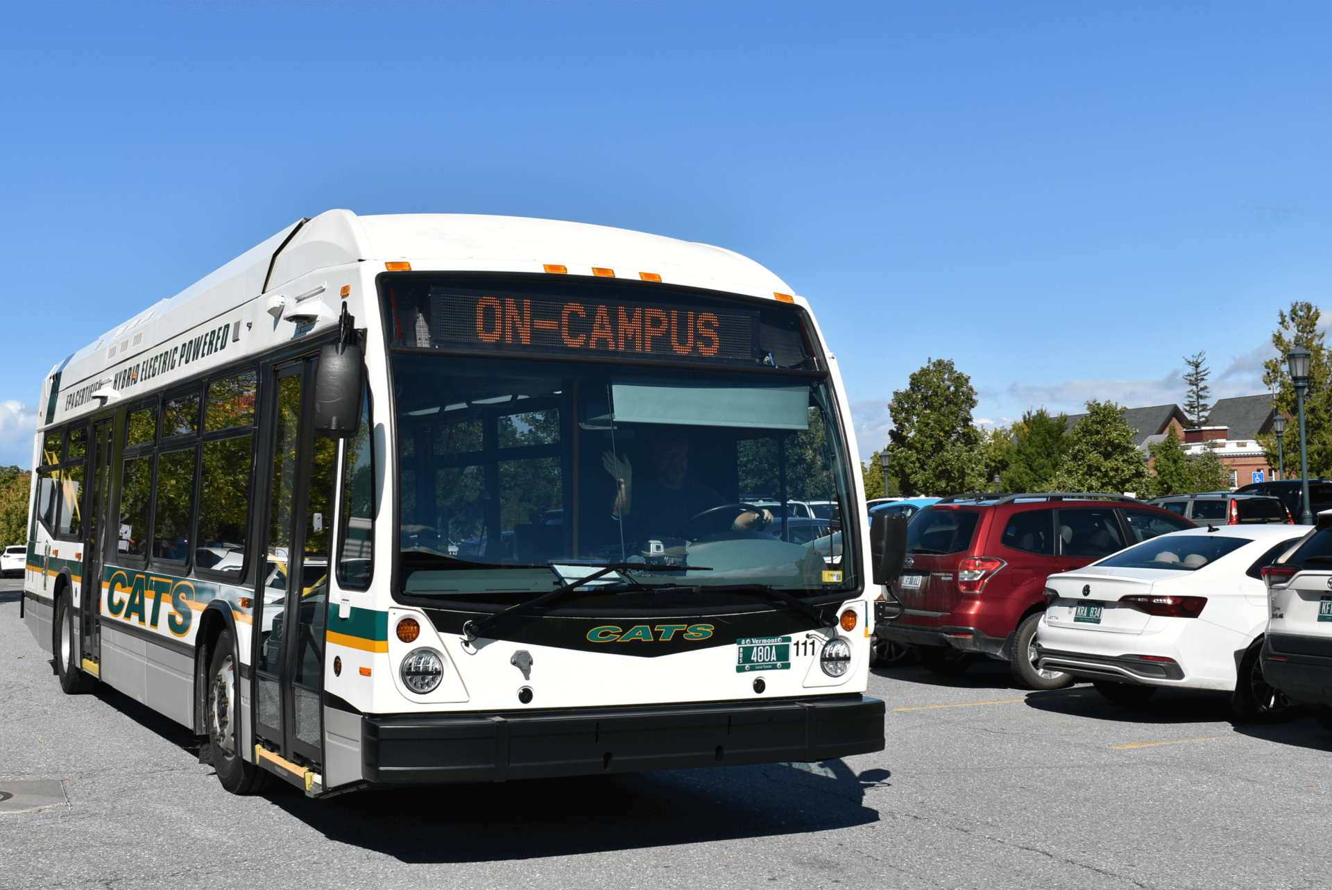 A UVM CATS bus driving on campus