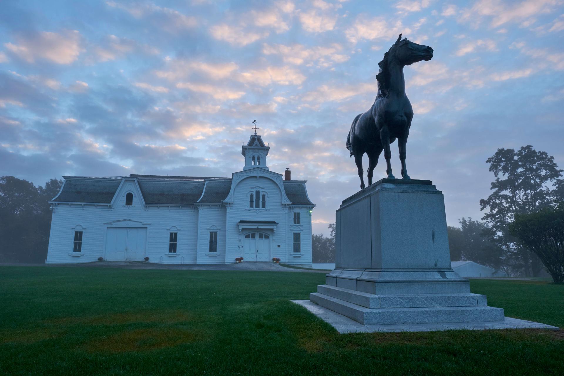 Historic Horse Barn and Morgan Horse Statue at the Morgan Horse Farm