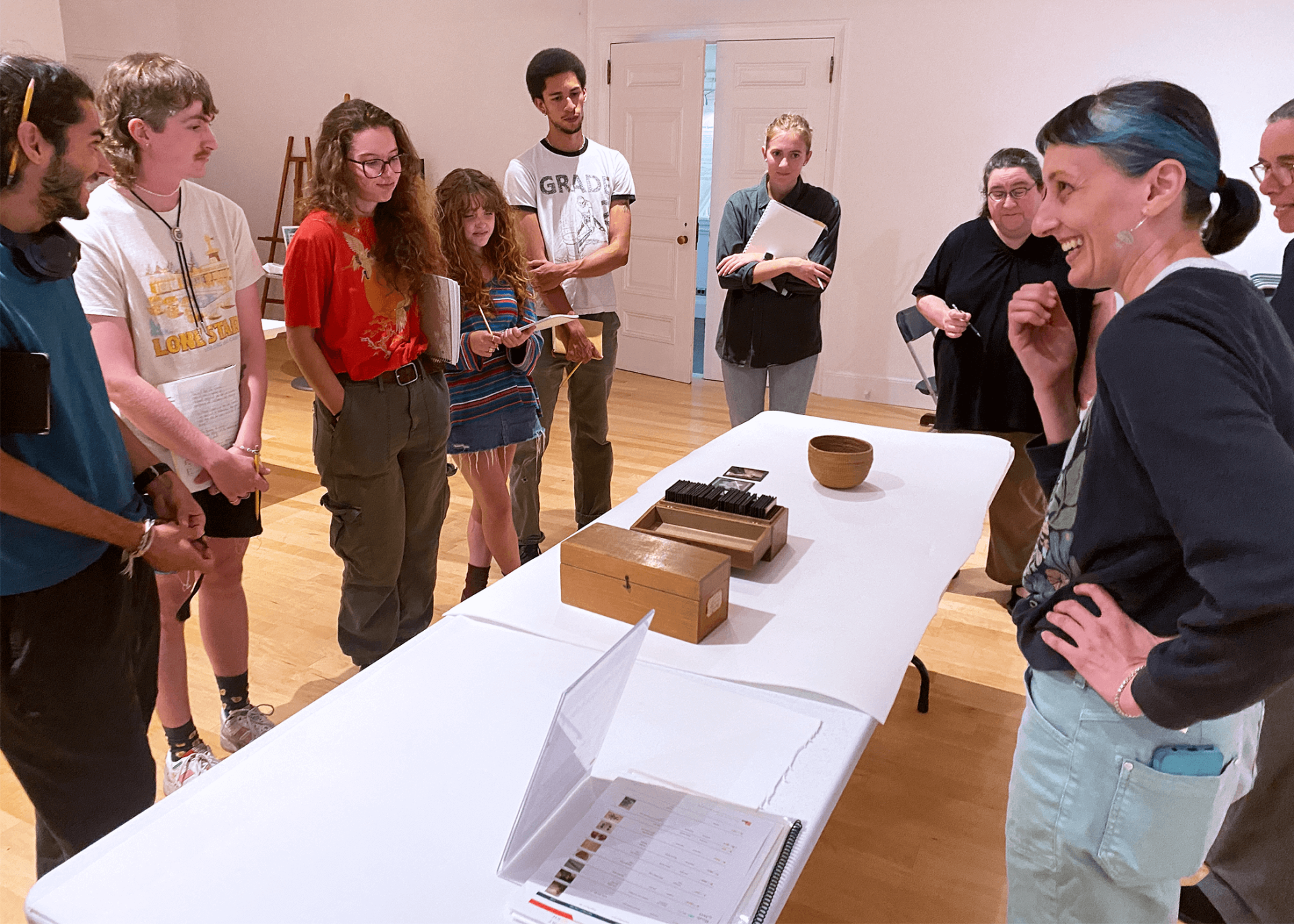 Fleming curator Kristan M. Hanson working with a graduate class in the Fleming's Learning Studio.