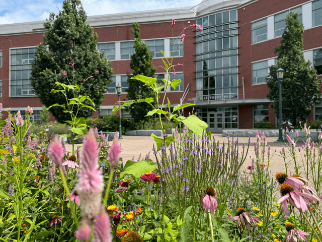 Building with flowers in front of it