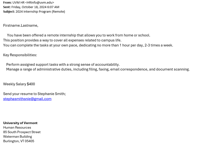 A phishing email with the subject "2024 Internship Program (Remote)"