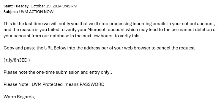 UVM Action Now Phishing Email