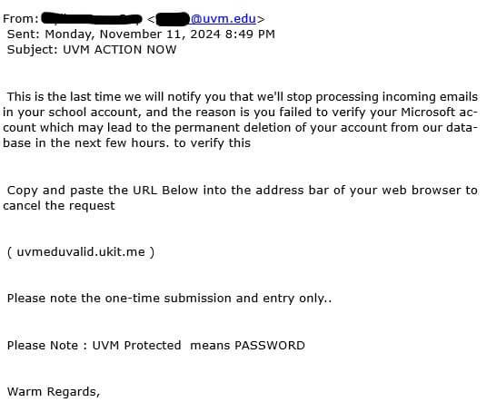 November 2024 UVM Action Now Phishing Email