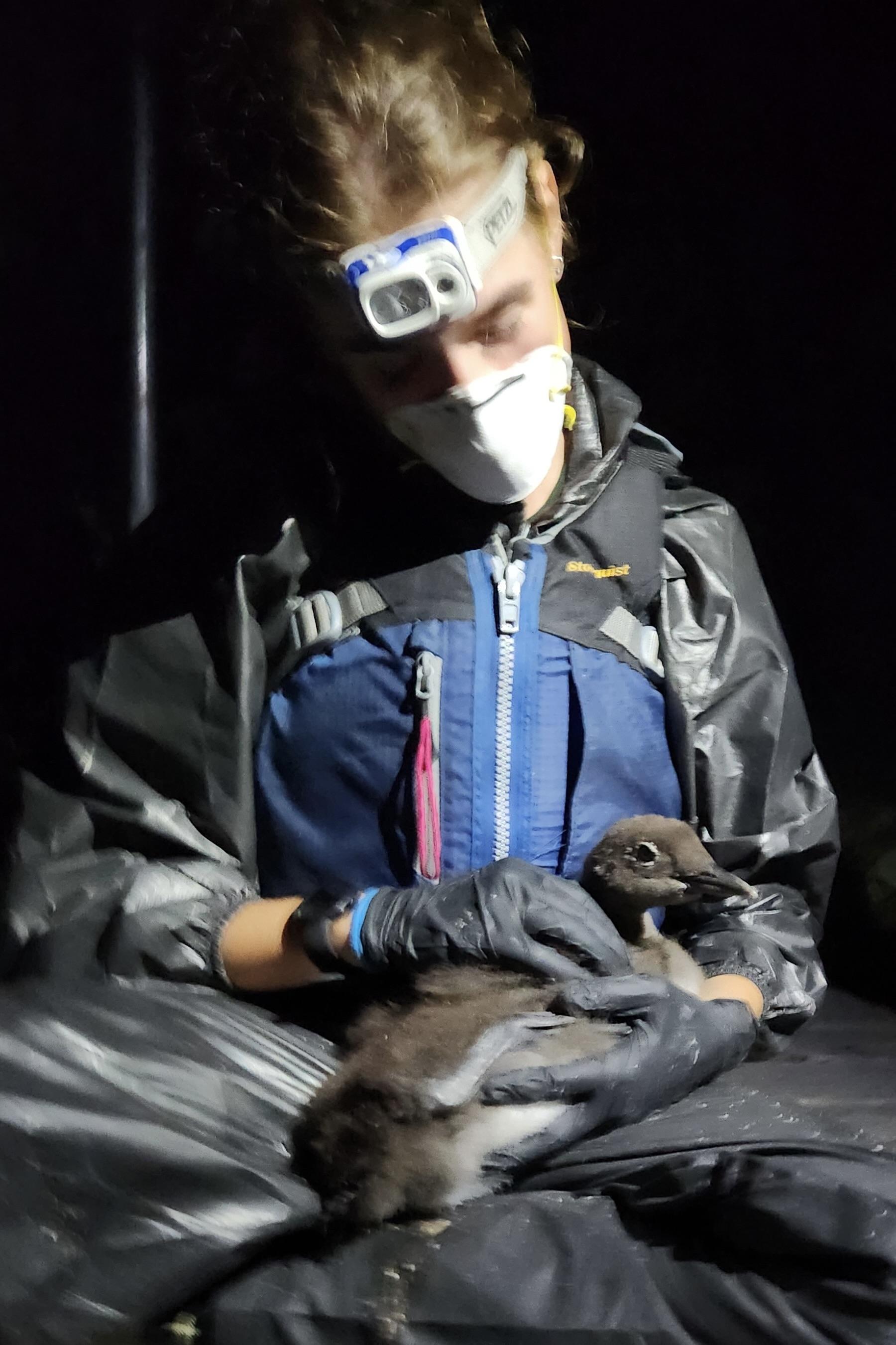 Lauren wearing a mask and dressed in waterproof clothing holding a loon