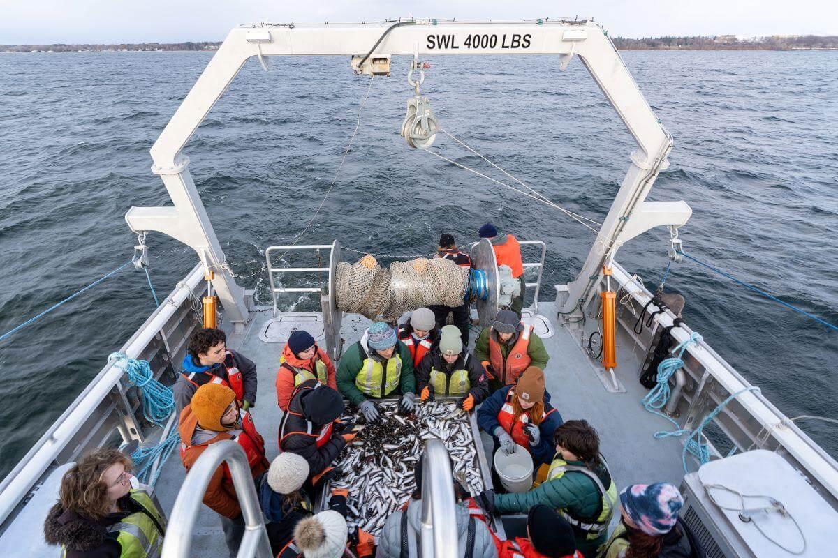 A group of students examining fish onboard the Marcelle Melosira