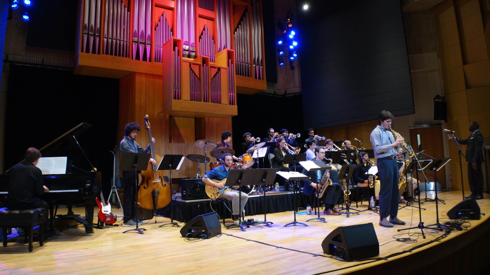A band of musicians performing on stage, engaging an enthusiastic audience in a lively concert atmosphere
