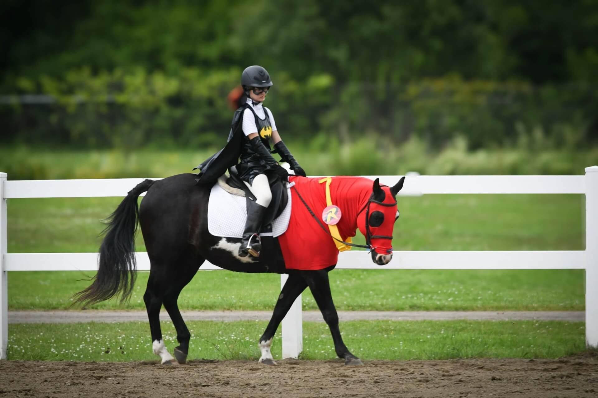 child dressed as Batman on a horse