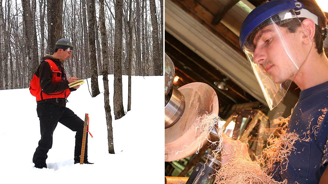 Ralph Tursini taking notes in snowy woods and turning a wooden bowl on a lathe