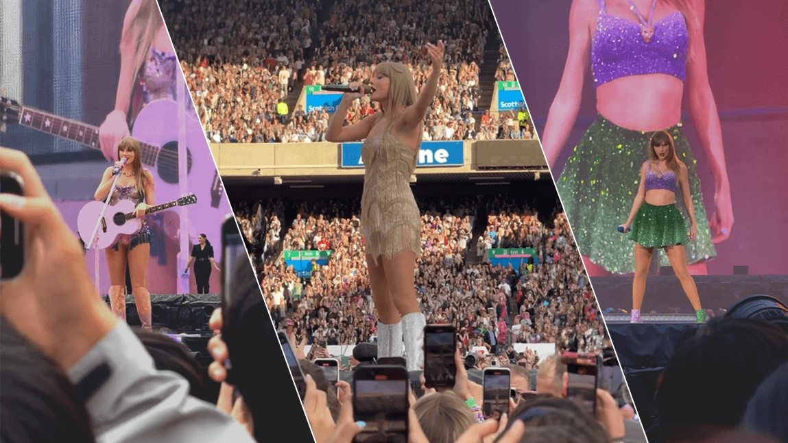 Three images of Taylor Swift in concert