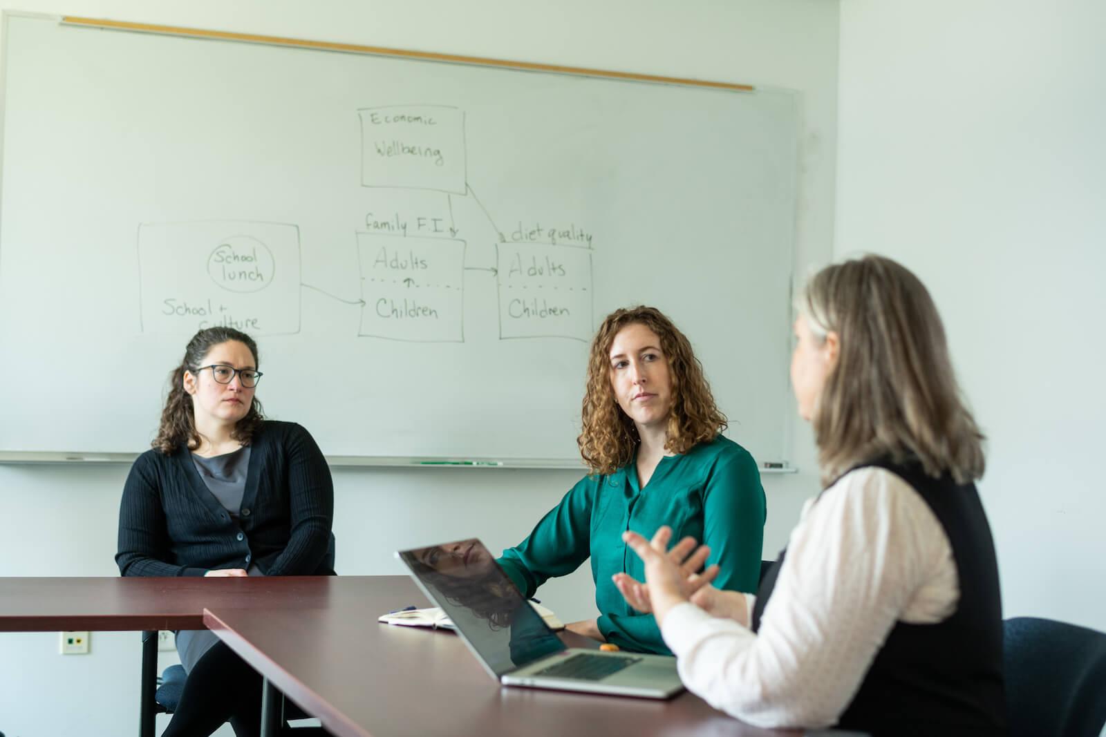 Researchers Ashley McCarthy and Farryl Bertmann discuss their research on COVID and food security as another researcher looks on
