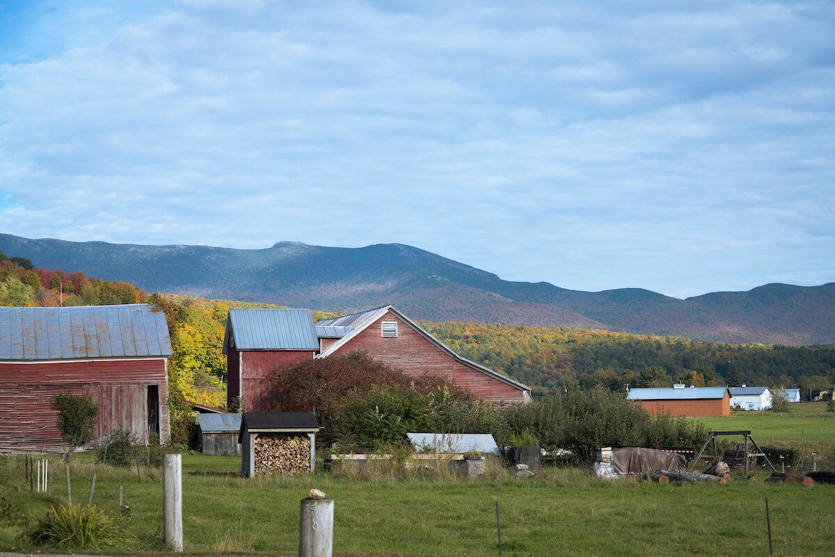 A farm in Underhill, VT during fall. Mt. Mansfield is seen in the background. 