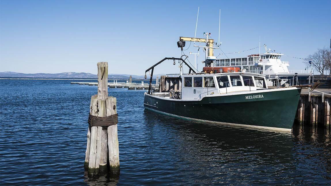 Research vessel Melosira at dock on Lake Champlain